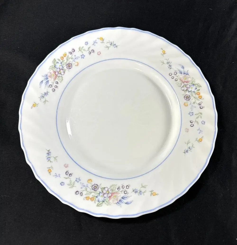 Vintage Arcopal France Victoria Floral Dinner Plate 9.5” Milk Glass Blue Trim